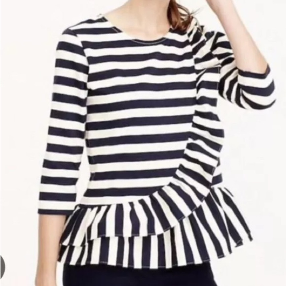 NWT J. Crew F8928 Asymmetrical Navy Ivory Striped Ruffle Peplum Top Sz XL